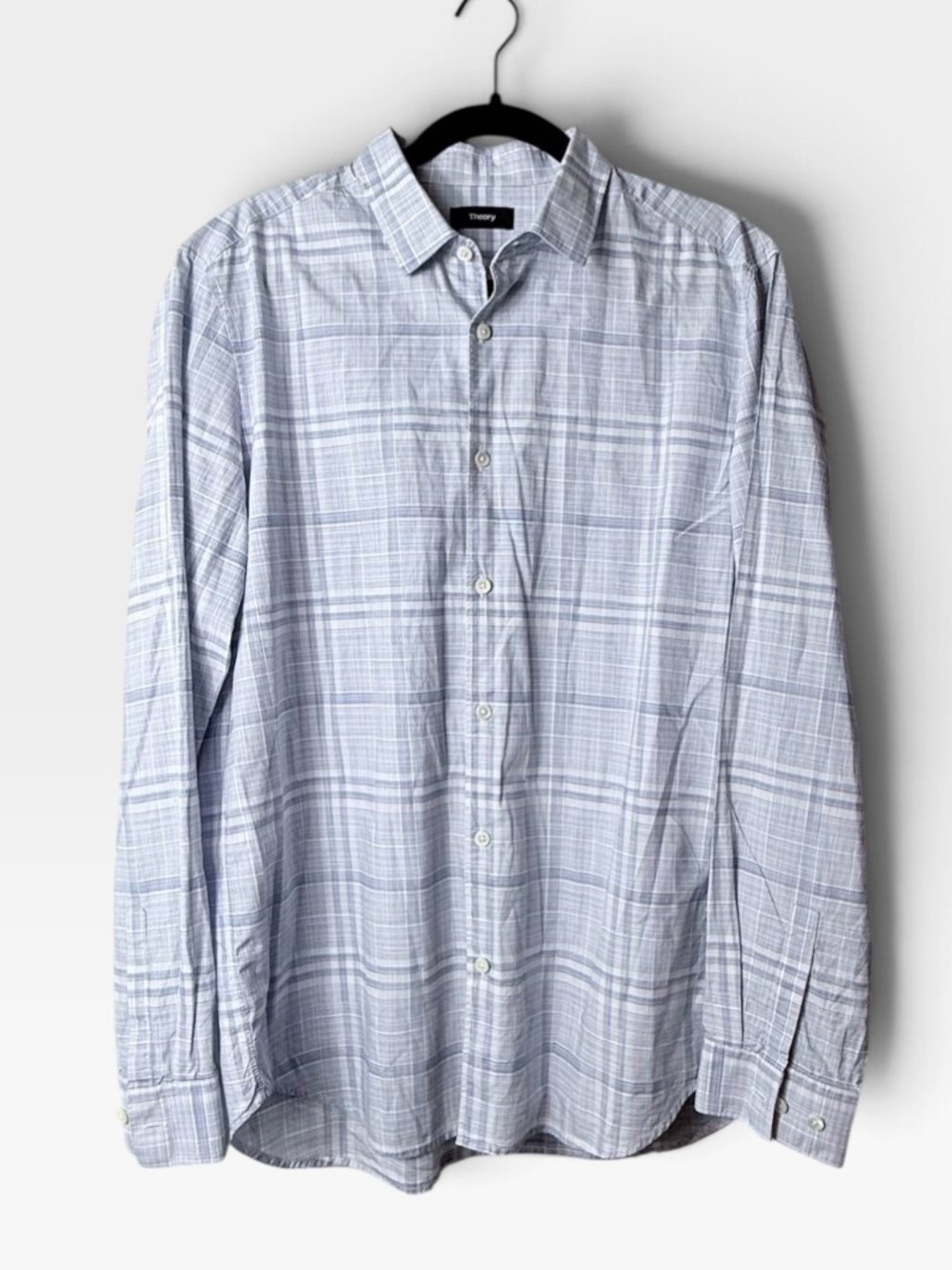 Theory Men's Plaid Light Blue Button Down Shirt Size 46 Cotton Business (F)
